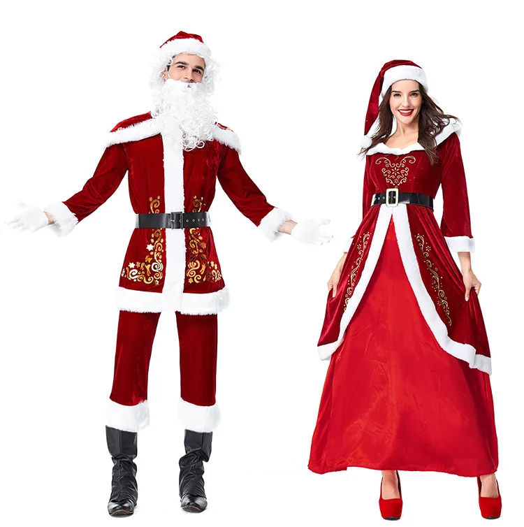 

Christmas Santa Claus Costume Cosplay Party Santa Claus Deluxe Velvet Red Jacket Dresses For Adults Women Men New Year Man Cloth