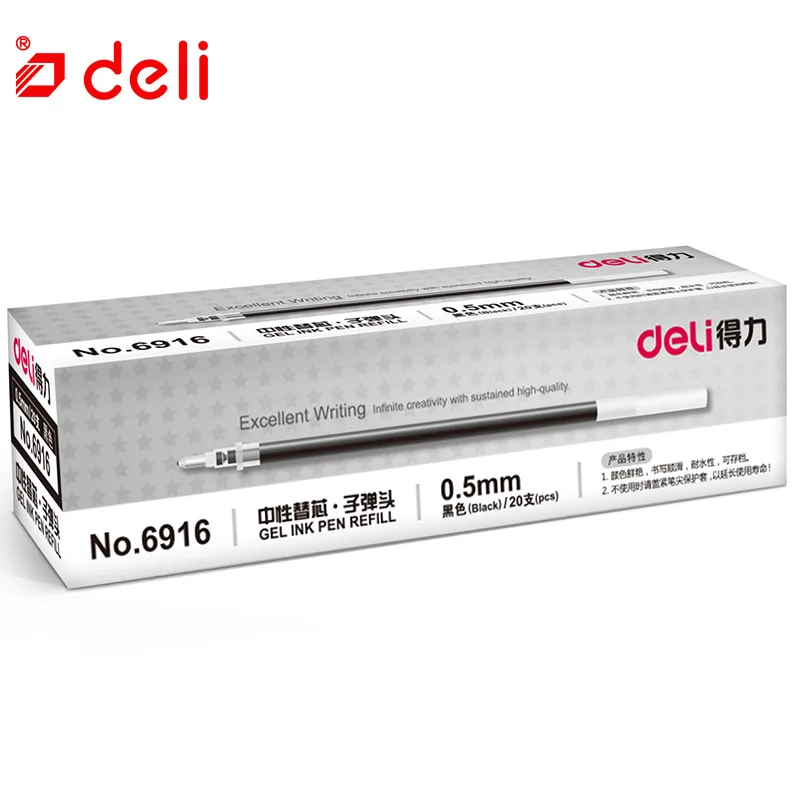 Deli 20pcs нейтральная ручка заправляемая ручка для студентов канцелярские товары 0,5 мм синий черный красный чернила гелевая ручка повторная заливка Замена для письменная ручка школьные принадлежности