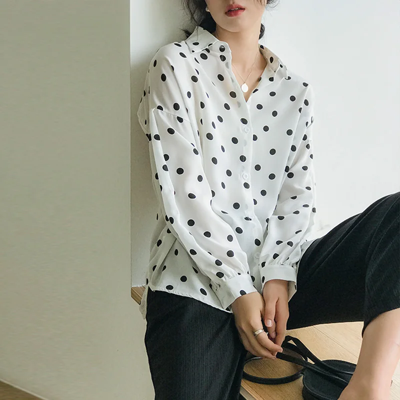 

Korean Vogue Office Lady Blouse Shirt Women Polka Dot Printed Long Sleeve Turn Down Collar Loose Casual Retro Work Wear Clothing