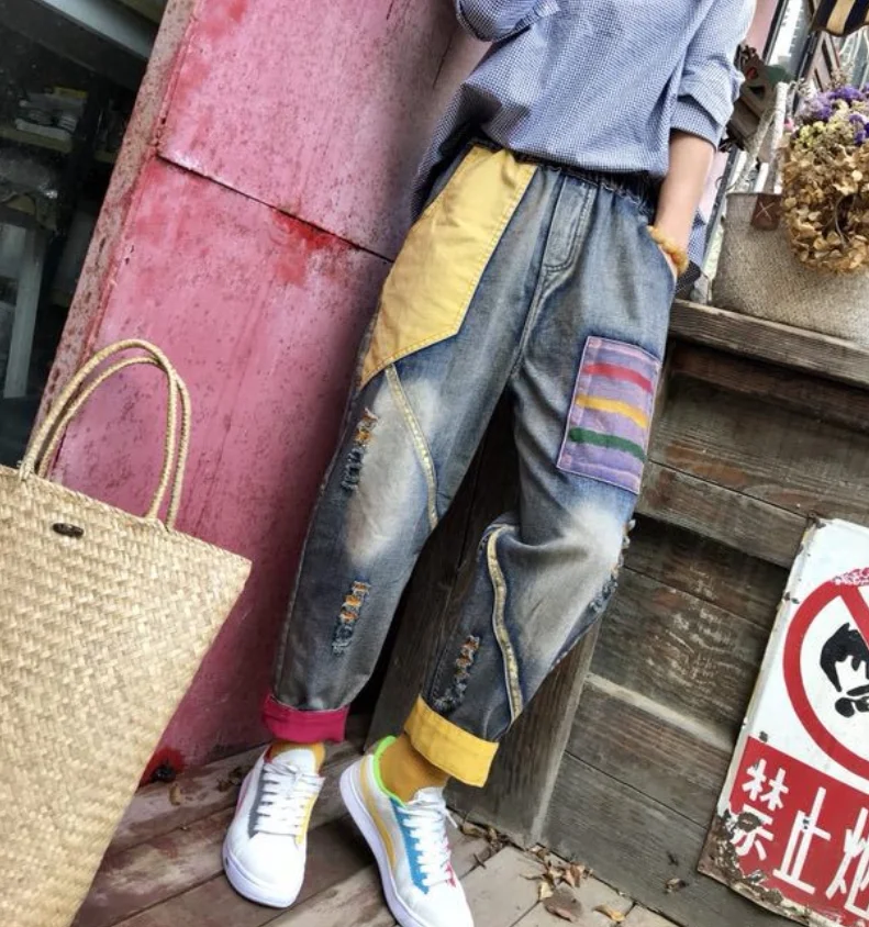 Осенние джинсы женские свободные повседневные джинсовые брюки новые отбеленные