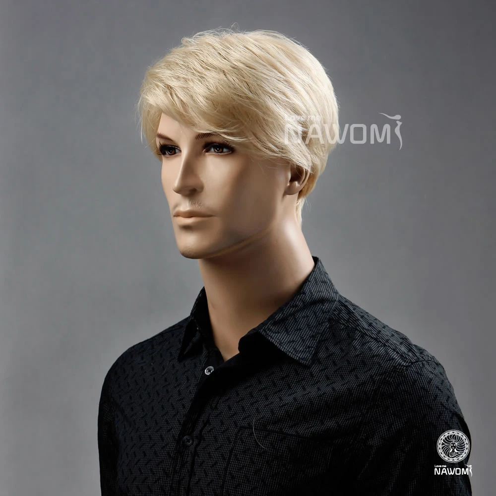 European Kanekalon Side Swept Bang Blonde Ear Length Hairstyle Straight Men Wigs with Wig Cap and Adjustable Buckle | Тематическая