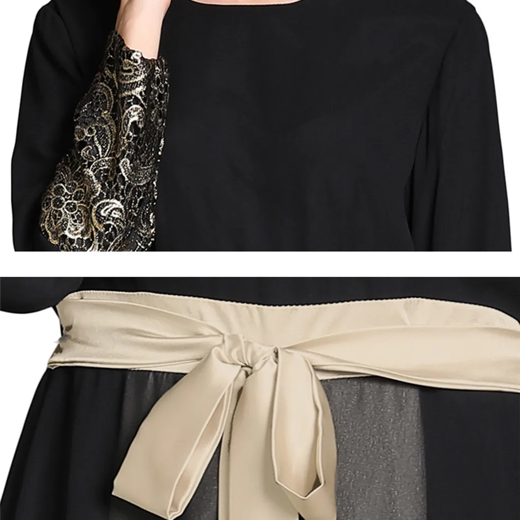 

Muslim dress ramadan turban woman Muslim Middle East Maxi Dress Trumpet Sleeve Abaya Long Robe Gowns Tunic Belt D300326