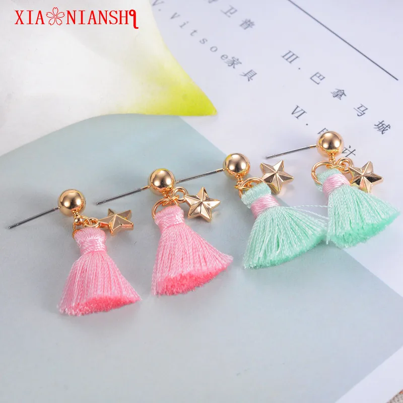 XIAONIANSHI brand the most beautiful red and green fluffy five-pointed star stud earrings fiber long tassel earrings for women