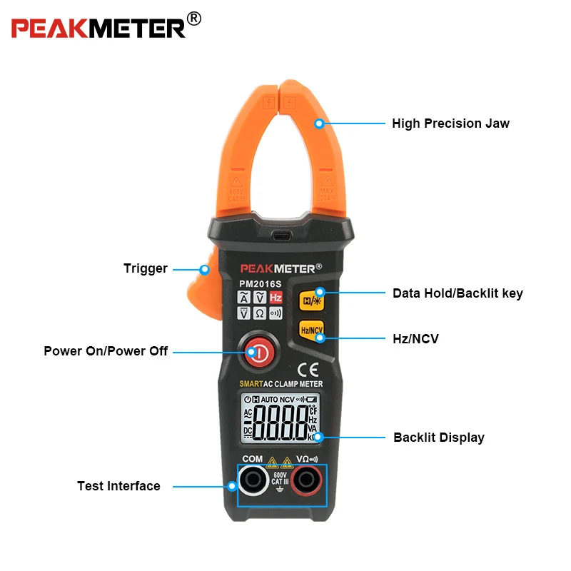 Официальный PEAKMETER PM2016S умный мини цифровой AC клещи мультиметр с сопротивлением частоты удержания данных NCV тестер