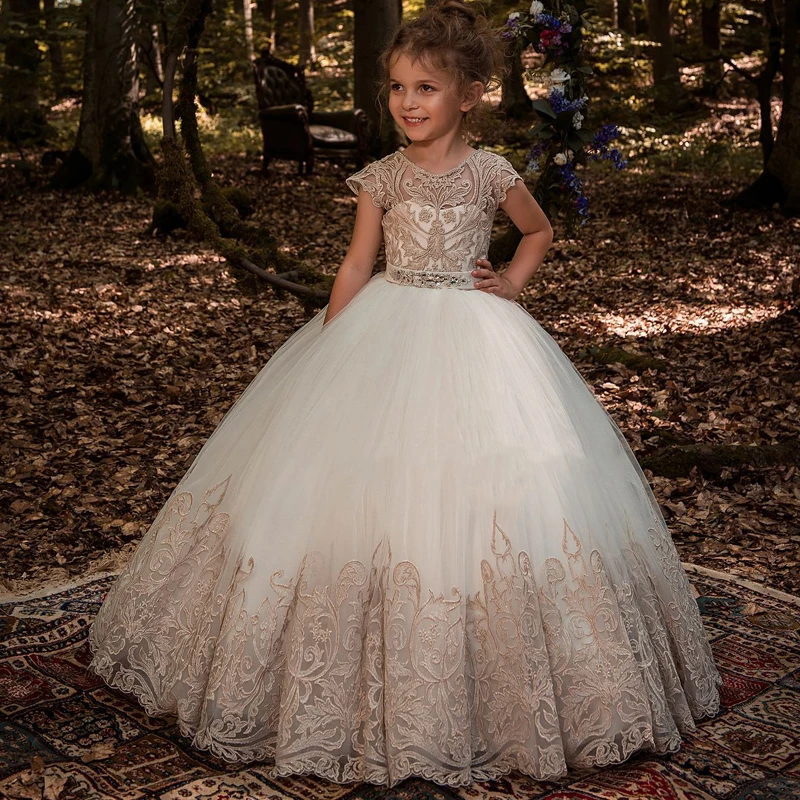 

Princess Ball Gown Gold Appliques Champagne Flower Girl Dresses Lace Girls Pageant Dress Wedding First Communion Dresses