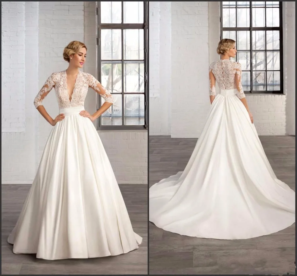 Половина 2017 атласное платье рукава чистый глубокий v-образный вырез наклейки с