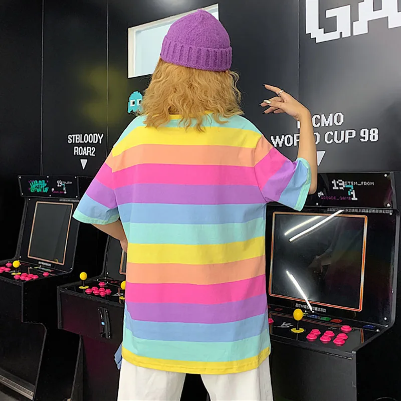 

Harajuku Hip Hop Rainbow Striped T-shirt Schoolgirl Summer Tops Oversized Loose Short Sleeve Tee Japanese Women Streetwear