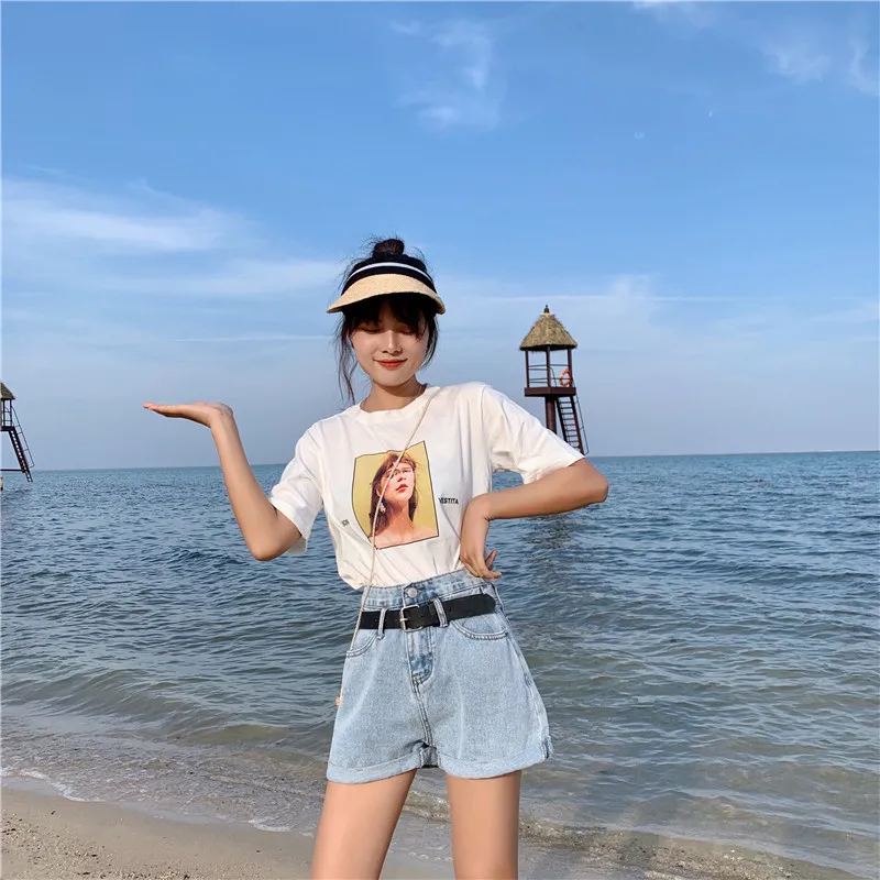 Summer 2019 летние шорты с высокой талией в Корейском стиле женские джинсы A line