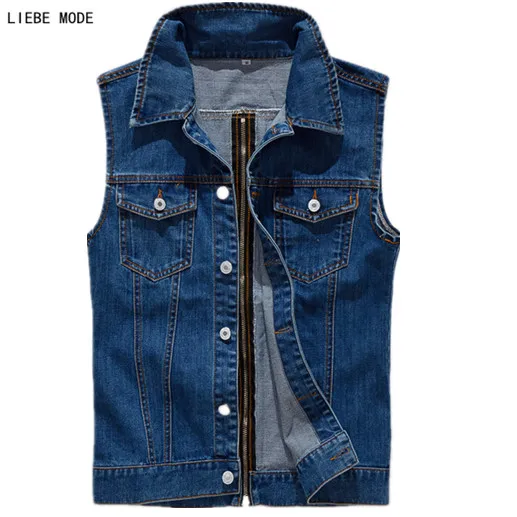 Мужской джинсовый жилет в стиле панк приталенный на молнии сзади Мужская