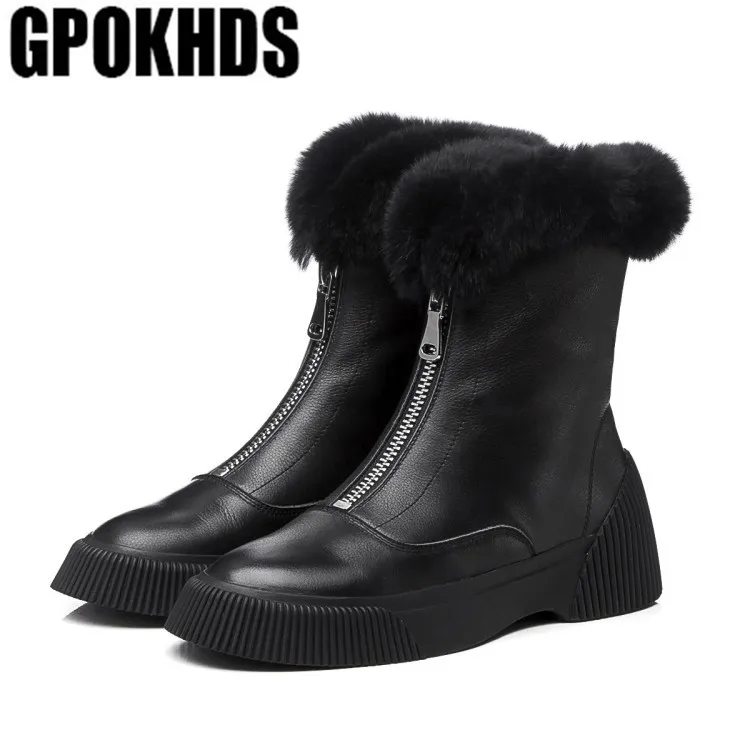 GPOKHDS women snow boots cow leather zippers winter warm wool blend round toe high heels boots
