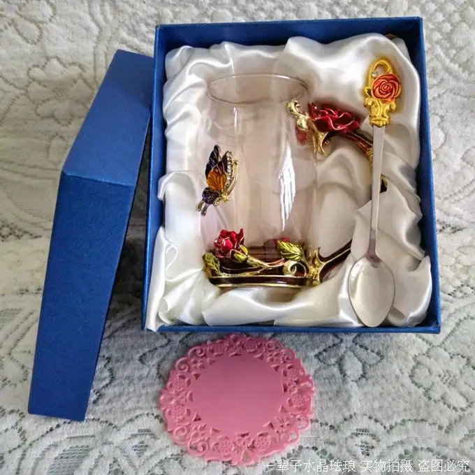 WITH BOX D Хрустальные эмалированные стеклянные чашки с бабочкой для кофейного чая с красной розой, рукоять, кружка для свадьбы, подарок на день рождения - Цвет: WITH BOX D