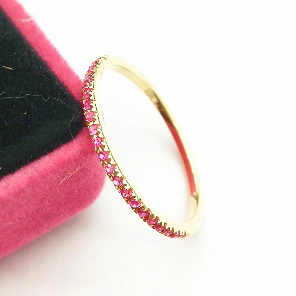Stackable Pave блестящее подлинное кольцо с розовым сапфиром твердое 10K желтое золото