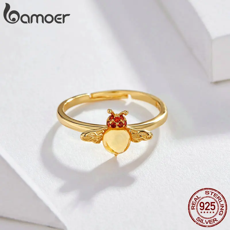 BAMOER Baby Bee, регулируемое кольцо для женщин, 925 пробы, серебро, красный CZ, большой камень, кольцо на палец, не вызывает аллергии, корейское ювелирное изделие BSR034