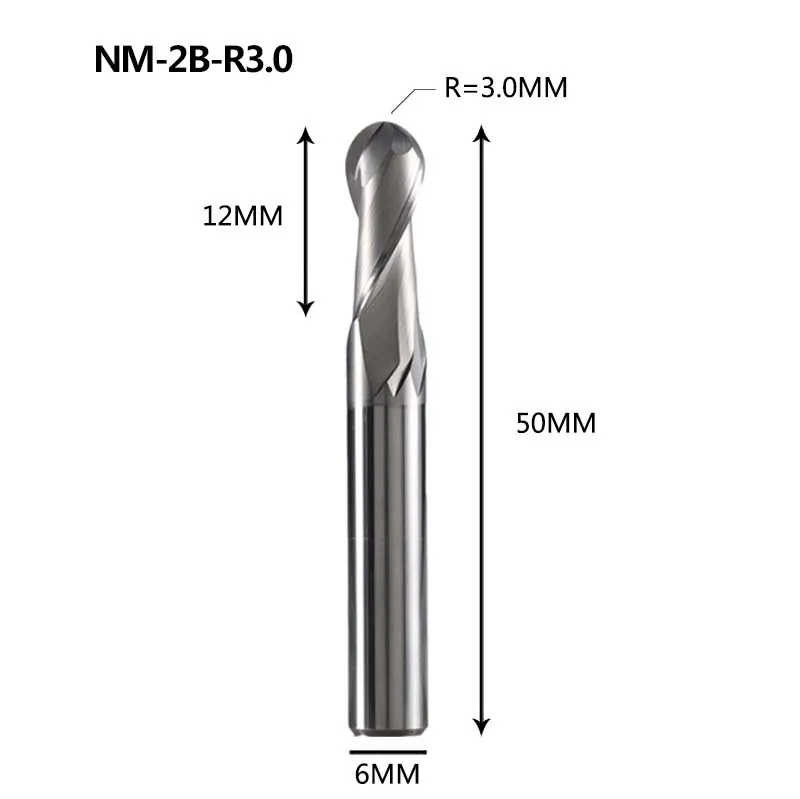 NM-2B-R3.0 NM-2B Вольфрамовая сталь 2 Флейта с шариковым носиком с покрытием Концевая мельница с ЧПУ Фрезерный резак режущие инструменты для обработки меди и алюминиевого сплава - Длина режущей кромки: NM-2B-R3.0