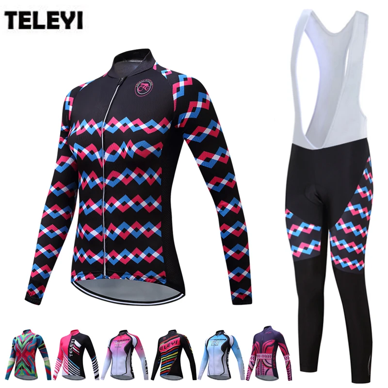 

TELEYI Team Women's Pro Cycling Long Sleeve Jersey Bib Pants Ropa Ciclismo Set Girls Bike Bicycle Sportswear Clothing Suit S-4XL