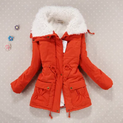 Пальто зимы женщин Тонкий плюс размер Outwear Medium-Long Wadded куртка с капюшоном Толстые хлопка проложенные Теплый хлопка Parkas - Цвет: Orange Red