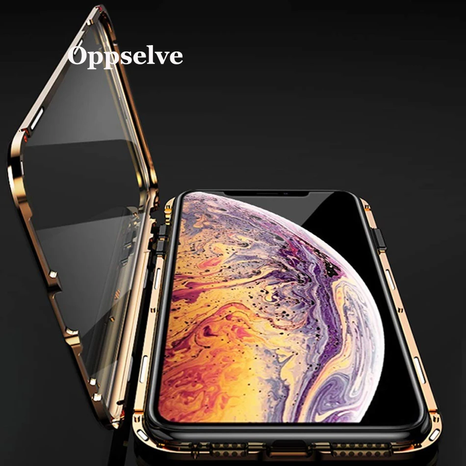 Двухсторонняя, для стекла Магнитный чехол для iPhone XS Max XR X 7 8 плюс Роскошный Металлический 360 градусов Полная защита чехол iPhone X S R