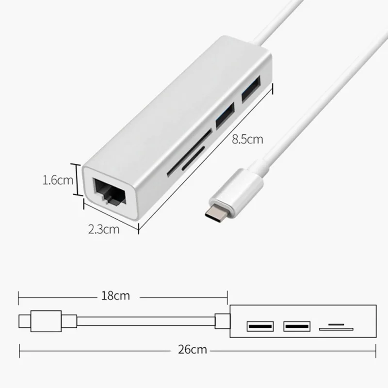 5 в 1 USB-C концентратор из алюминиевого сплава Type-C адаптер с RJ45 Ethernet портом USB 3 0 SD/TF