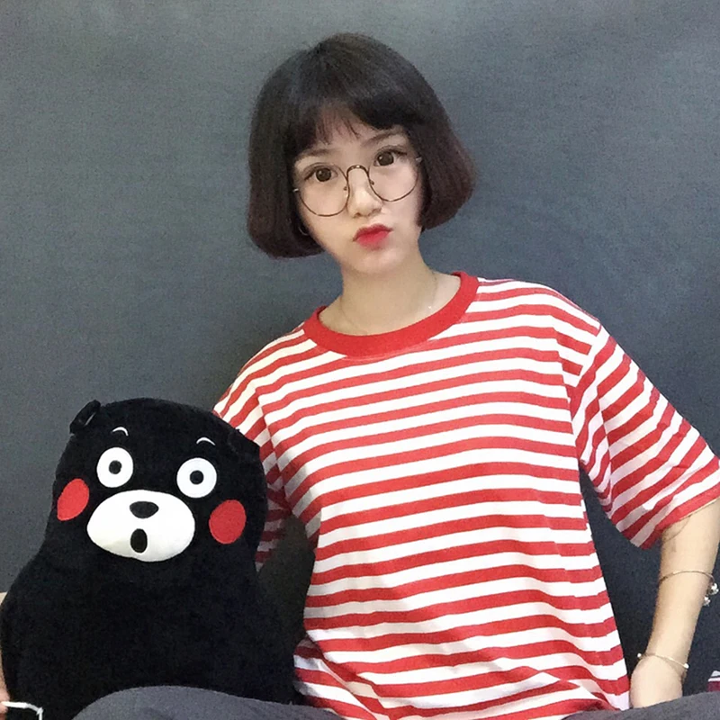 Женская Футболка Туника Kawaii Girl винтажная свободная полосатая Ins шикарная