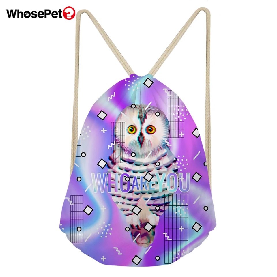 WhosePet для женщин Drawstring сумки милый кот и сова печати плеча рюкзак женский Mochila Escolar
