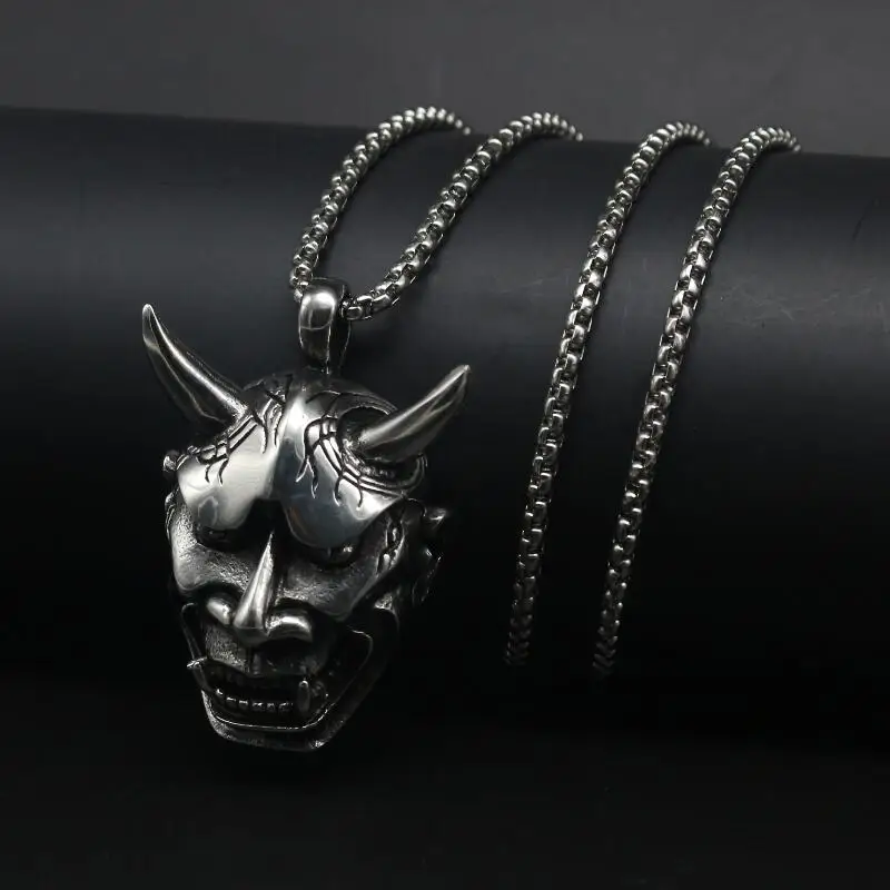 Cute Bear Brand Popular Hannya Ghost Mask Pendant Necklace Stainless Steel Chain Necklaces For Men Hip Hop Jewelry Halloween Gif