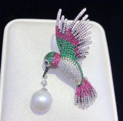 silver SHANICE, новинка, роскошные фианиты, птица, жемчуг, броши для женщин, серебро/золото/Роза, цвет, модное ювелирное изделие, брошь и булавки для подарка - Окраска металла: silver
