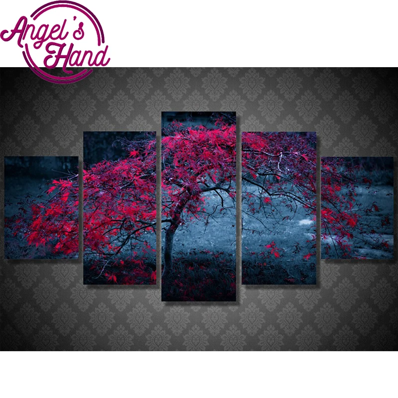 5d Diamond embroidery Cross stitch kit 3d Diy spuare painting Needlework Full Rhinestone Tree Leaves Purple Autumn 5pcs | Дом и сад