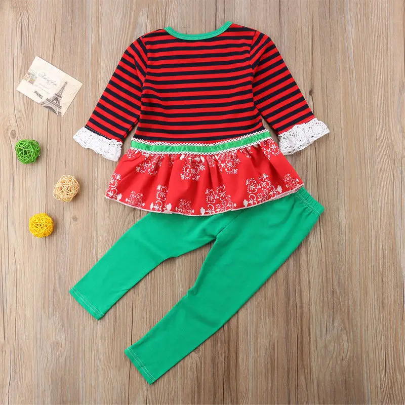 PUDCOCO Newest Happy XMAS Little/Big Sister Matching Newborn Baby Girl Christmas Striped Rompers Tops Pants Cotton Outfits Set | Мать и