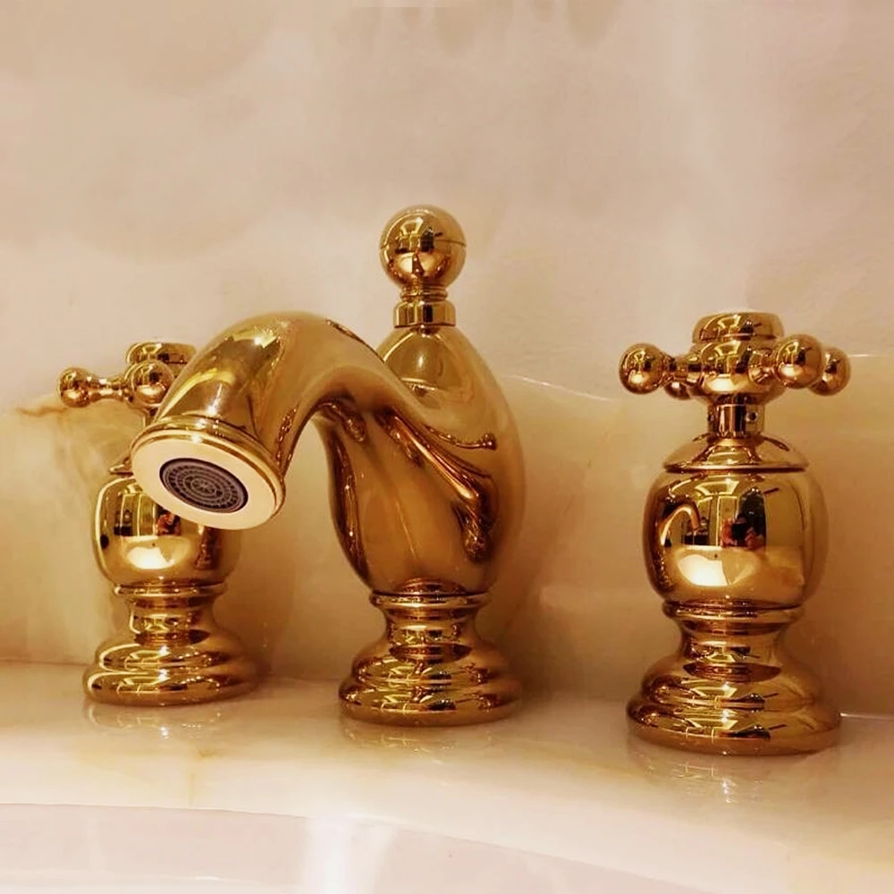 

European brass Gold colour three holes Basin faucet Luxury Bathroom cabinet Cross handle golden Cold and hot water tap faucet