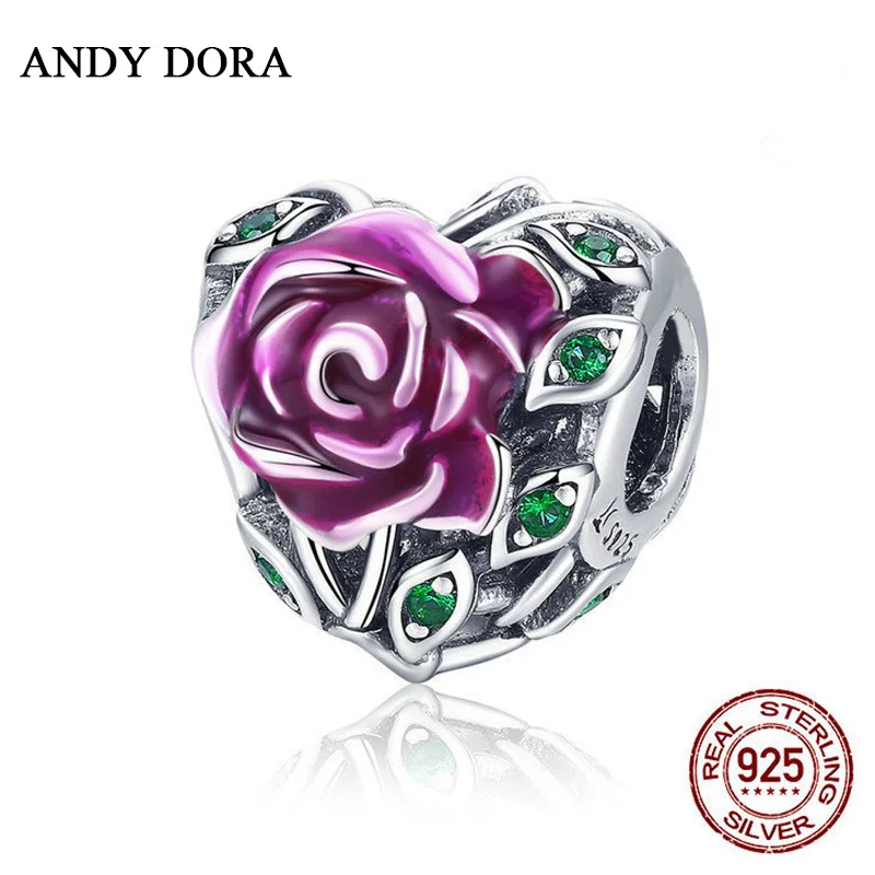 

2021 New Purple Rose Flower Bead Heart Charms Original fit Woman Wedding Green Zircon Beads Diy For Jewelry Making
