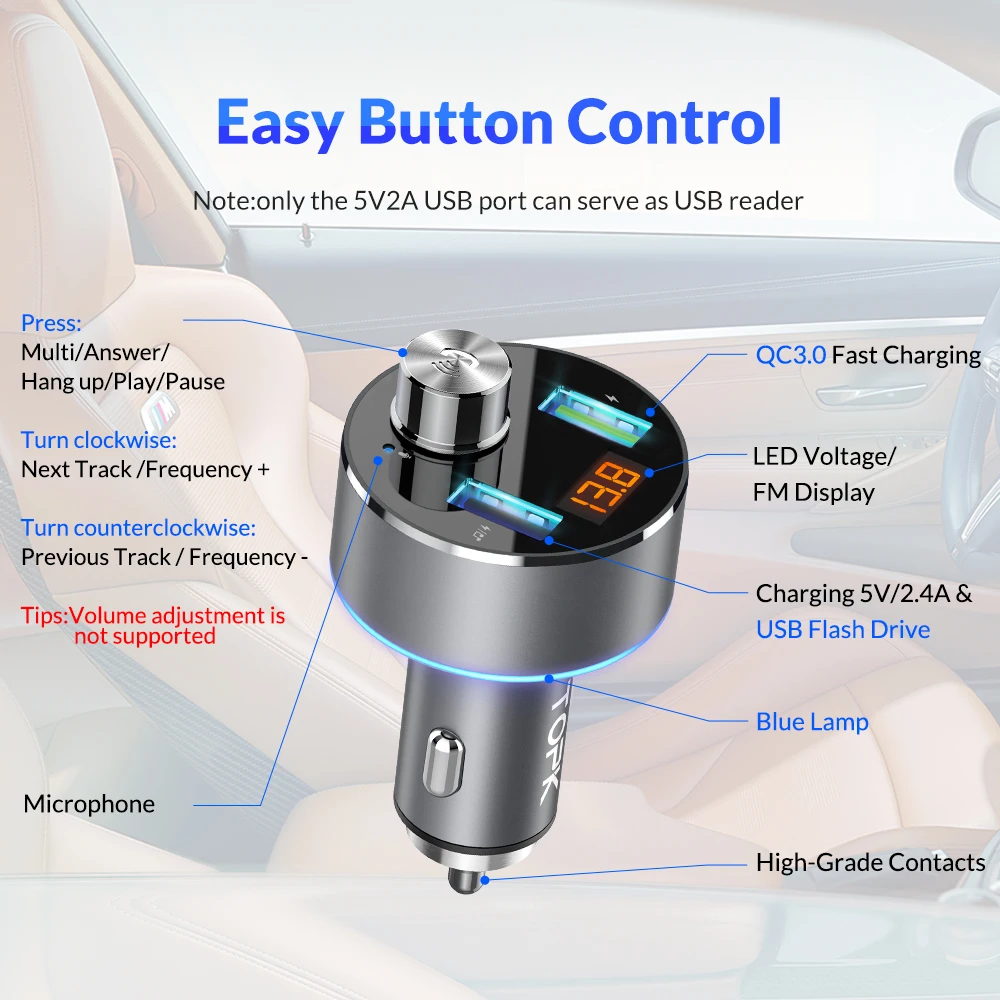 Автомобильное беспроводное зарядное устройство TOPK Bluetooth FM трансмиттер mp3 плеер