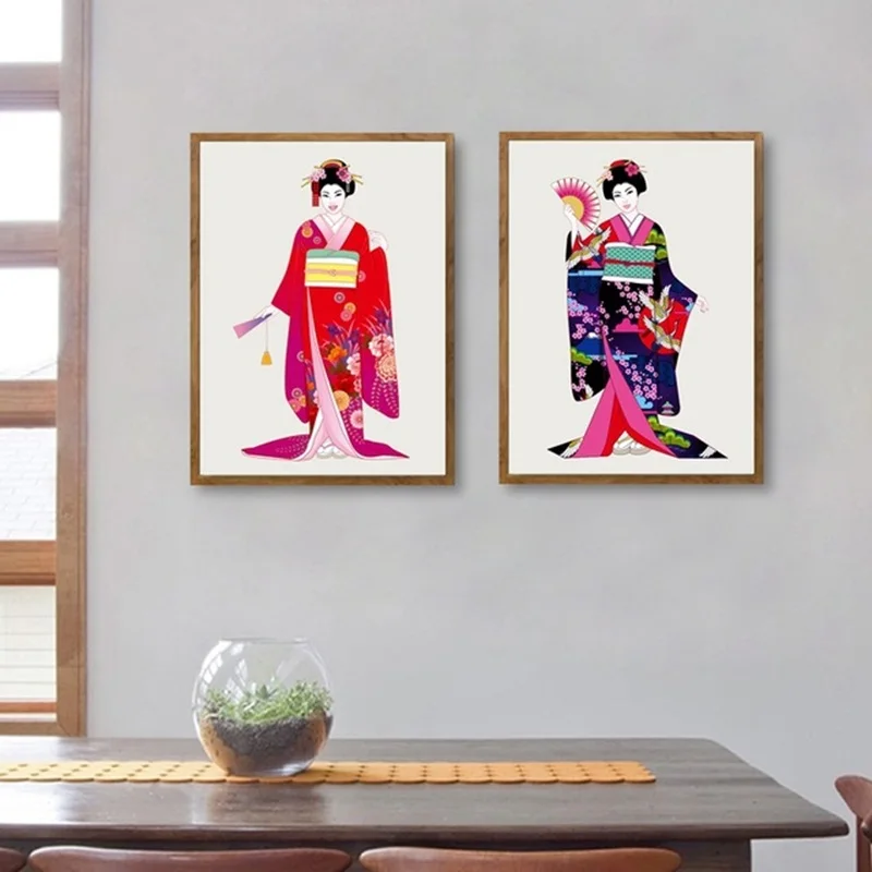 

Beautiful Japanese Girls In Kimono Canvas Painting Traditional Wall Pictures for Living Room Home Decor Art Posters and Prints