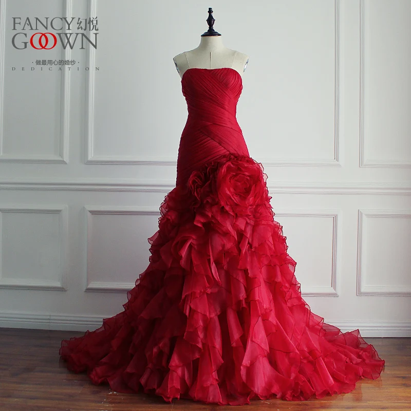 Vestido De Noiva Sereia Sexy Strapless Red Wedding Dresses Mermaid Ruffles Skirt Bride 2017 Court Train Plus Size | Свадьбы и