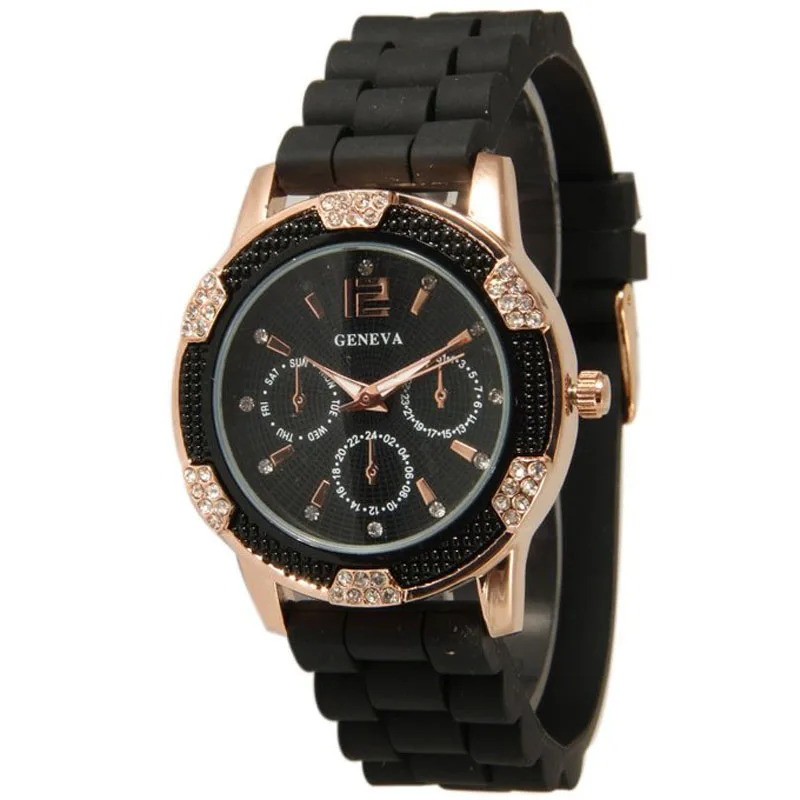 

#5001Women's Rose Gold Chronograph Silicone with Crystal Rhinestones Bezel reloj mujer New Arrival Freeshipping Hot Sales