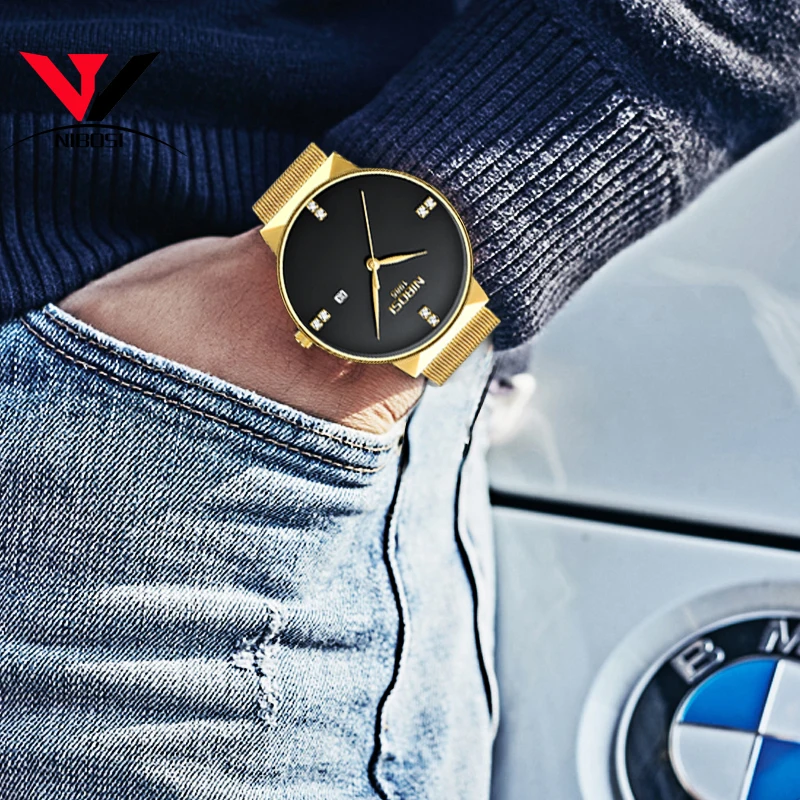 Мужские и женские часы NIBOSI Роскошные Водонепроницаемые наручные с сетчатым