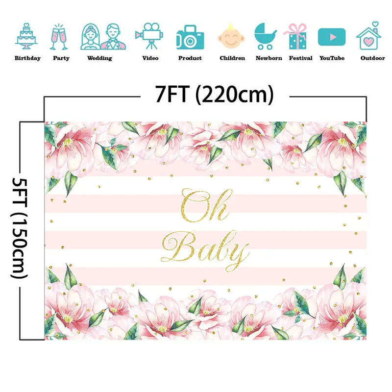 NeoBack розовый цветок Baby Shower фон с надписью Oh розового и белого цвета в полоску для