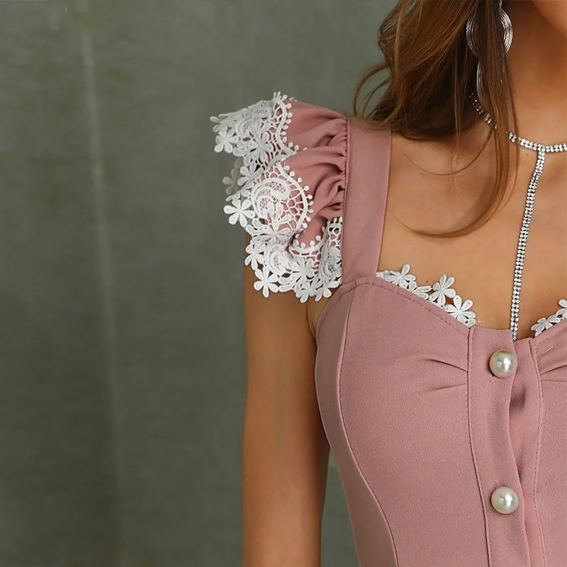 Women Lace Insert Button Ruffles Dress Casual Sheath Knee-Length Elegant Solid Slim Fit Holiday Beach Party vestidos | Женская одежда