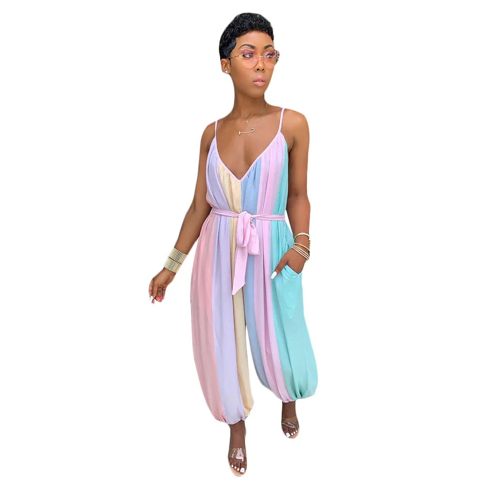 

Casual Bloom Pants Jumpsuit Sexy Striped Print Sleeveless V Neck Jumpsuit Women Vintage Backless Bandage Overalls For Women