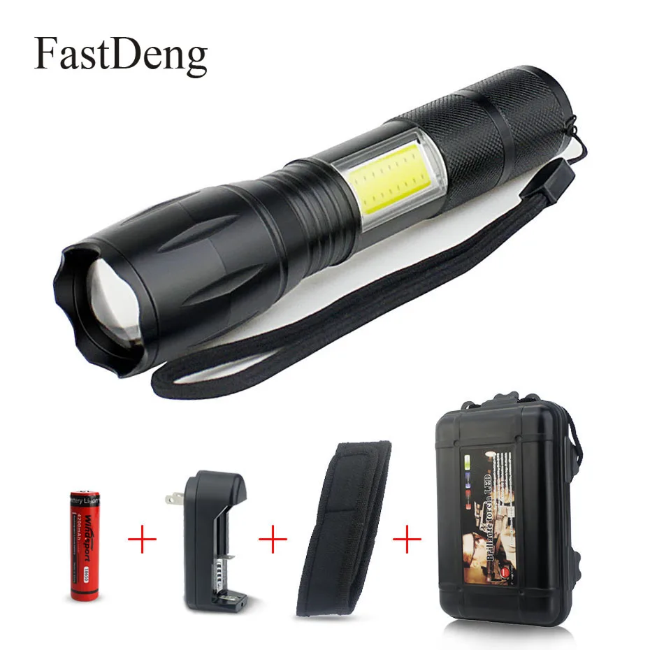 

LED Flashlight COB Side Lamp Design T6 2000 Lumens Zoomable Rechargeable LED Torch 4 Light Modes for 18650 Battery + Charger