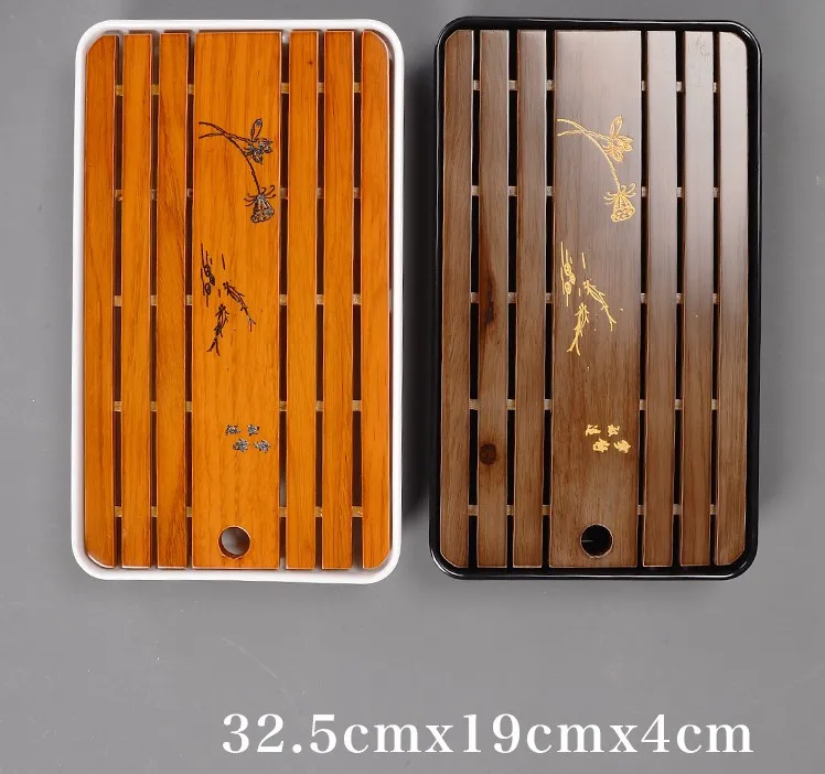 Деревянный чайный поднос с системой дренажа и хранения воды для набора Гунфу, имитирующий керамику высокого качества, большого размера 32,5х19х4 см.