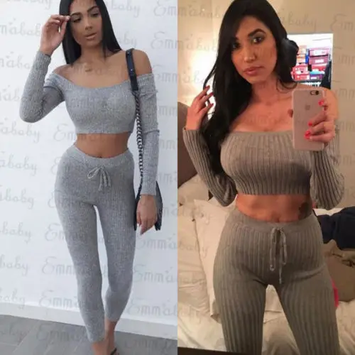 Женский трикотажный комплект из 2 предметов серый укороченный топ с длинным