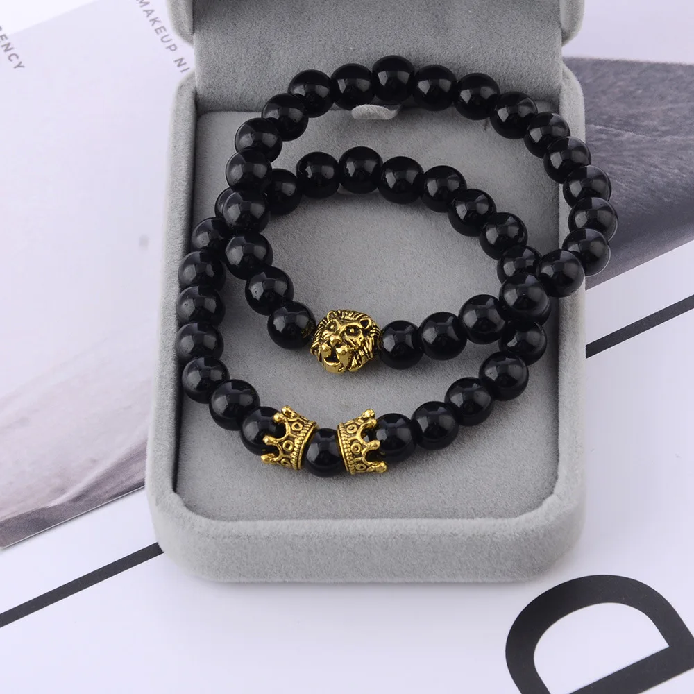 Модный мужской браслет 2 шт./компл. винтажный с черной бусиной короной головой