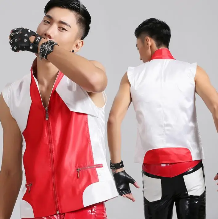Original colete masculino men vest clothing red white personalized singer dance stage street star style dress Vcollar fashion