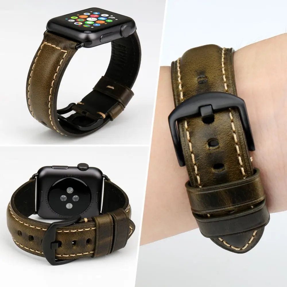 Ремешок для часов MAIKES iWatch 4 зеленый браслет из вощеной коровьей кожи 44 мм 40
