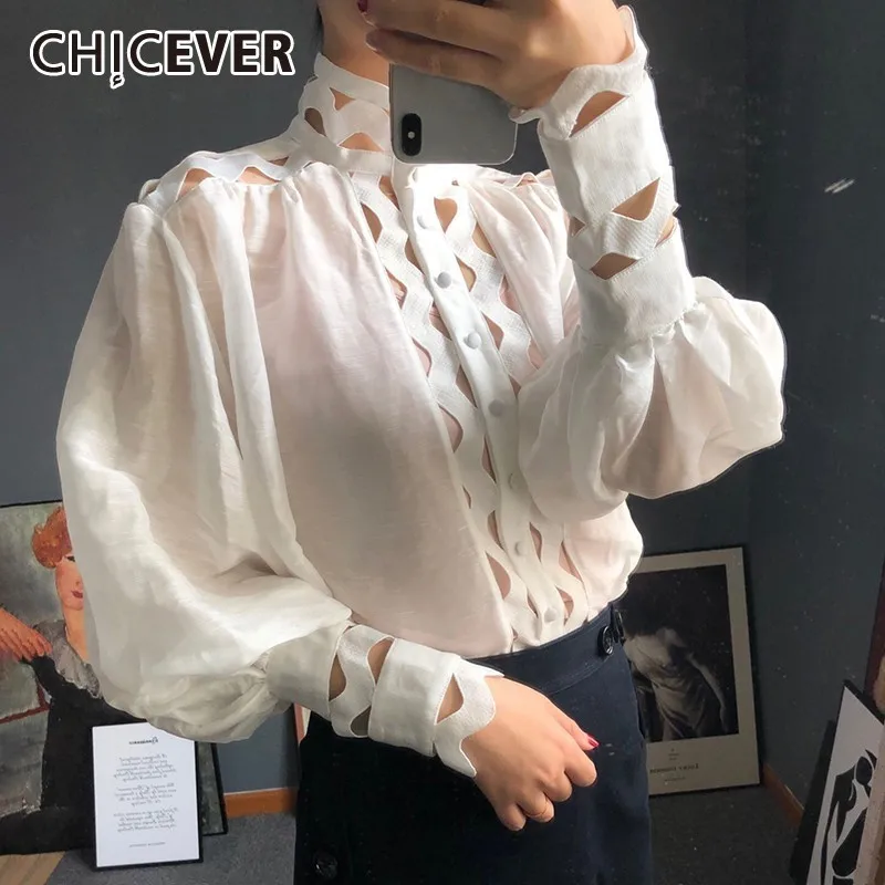 CHICEVER осенние Рубашки для женщин с выемкой, стоячий воротник, рукав-фонарик, с жилетом, блузка, топ, Женская мода, корейский