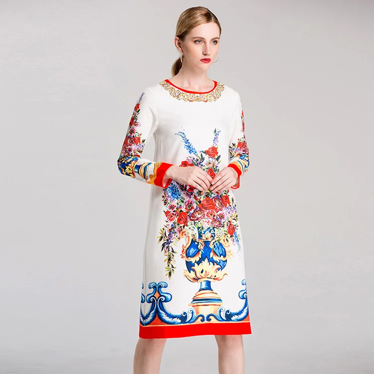 New Arrival 2018 Women's O Neck Long Sleeves Floral Printed Elegant Straight Fashion Dresses | Женская одежда