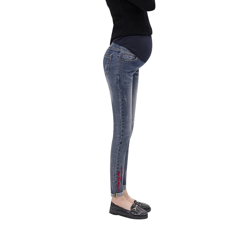New mother embroidery pregnant women pants maternity wear casual feet lift stomach stretch denim | Мать и ребенок