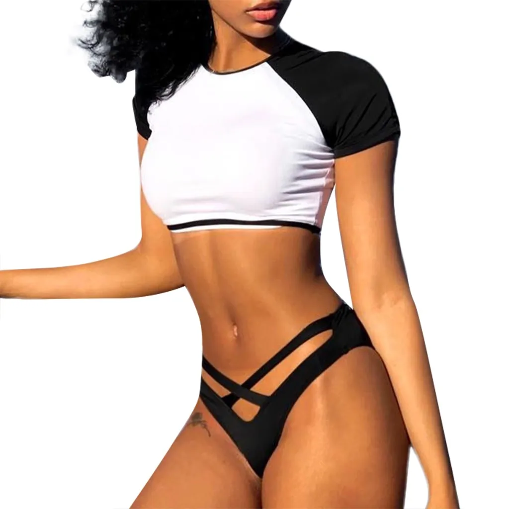 Женский купальник белый с коротким рукавом футболка спортивный стиль Раздельный