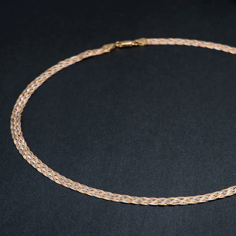 ?? ネックレス女性男性ユニセックス 18 24k ピュアゴールドウィービングチェーンフラットワイドチェーンニットチェーンネックレスチョーカーヴィンテージ Collares Mujer