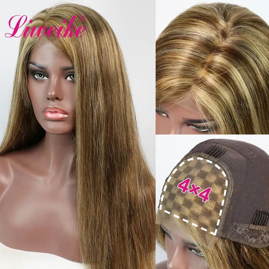 Liweike P4/27 цвет прямой 4*4 парик на шнурке 100% Remy человеческие волосы 18 20 22 дюйма без